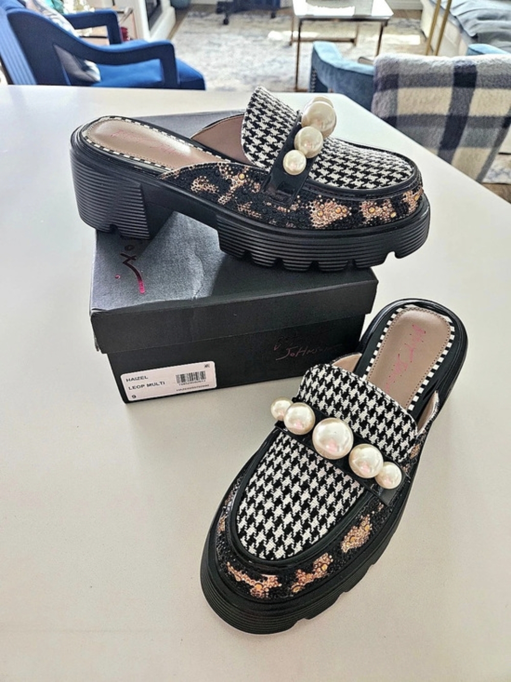 Betsey Johnson Haizel Lug Sole Mule Platform Mules in Black & Leopard Print NWOT